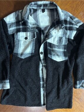 SHEIN Black and White Plaid Sherpa Button Jacket